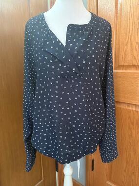 Ann Taylor Loft Navy Polka Dot Blouse Elastic Waist Size L